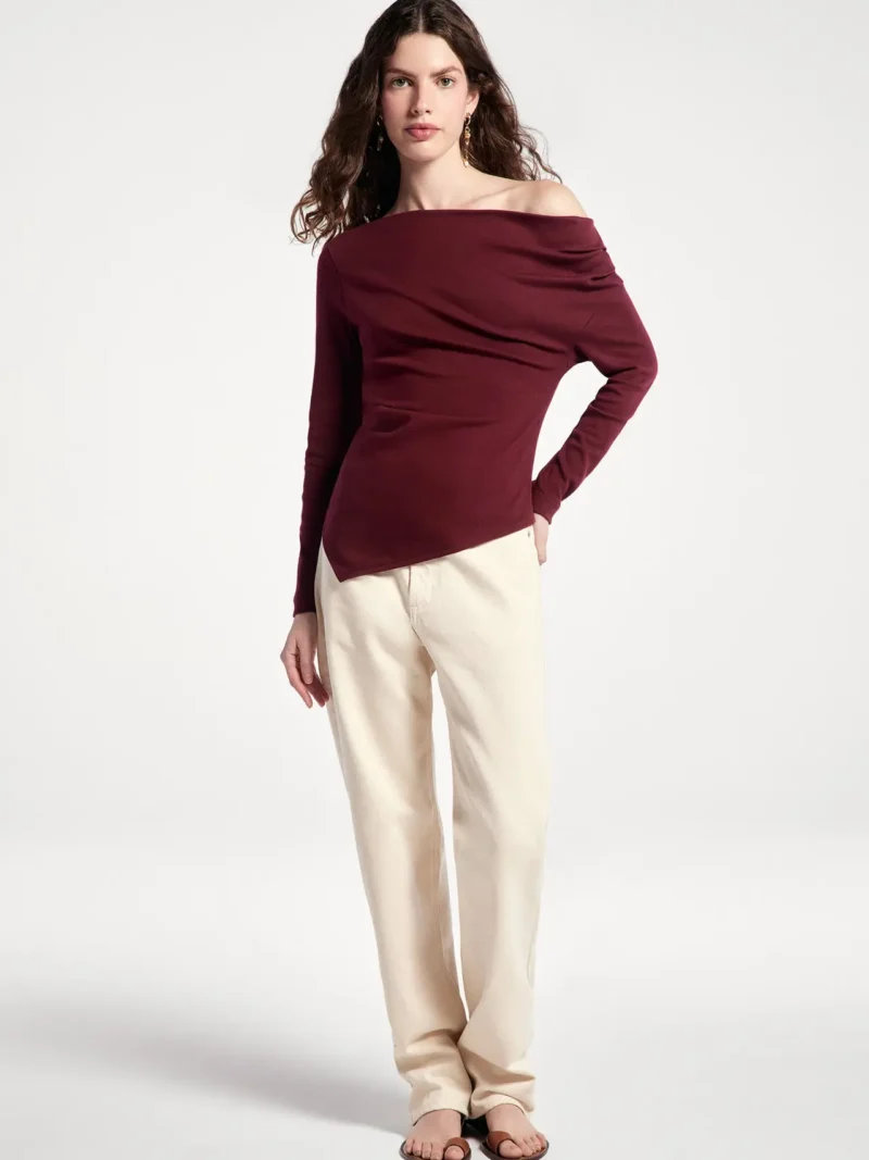 blusa feminina manga longa assimétrica cereja