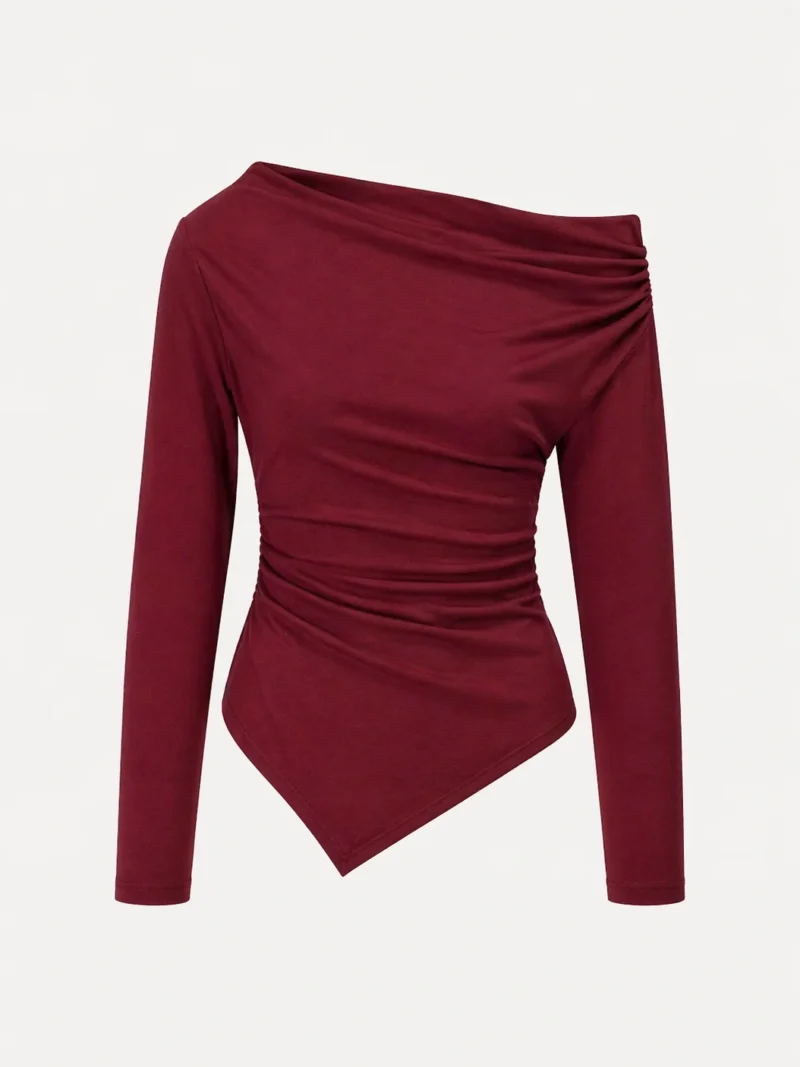 blusa feminina manga longa assimétrica cereja